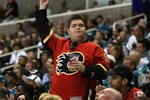 SAN JOSE, CA - APRIL 09:  Mike Murphy of Calgary celebrates after the Flames scored against the San Jose Sharks during game one of the 2008 NHL conference quarter-final series at HP Pavilion on April 9, 2008 in San Jose, California. (Photo by Christian Petersen/Getty Images)