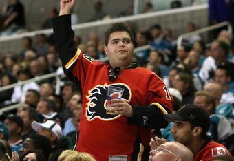 SAN JOSE, CA - APRIL 09:  Mike Murphy of Calgary celebrates after the Flames scored against the San Jose Sharks during game one of the 2008 NHL conference quarter-final series at HP Pavilion on April 9, 2008 in San Jose, California. (Photo by Christian Petersen/Getty Images)