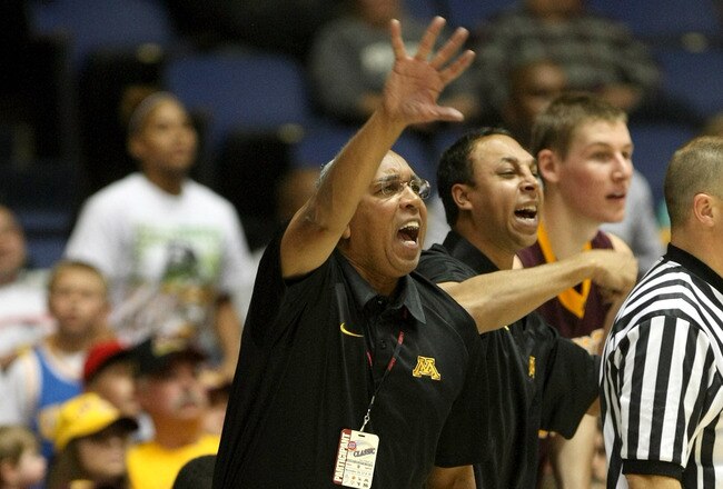 ANAHEIM, CA - NOVEMBER 27: Head coach Tubby Smith of the Minnesota Gophers gestures in the game with the Portland Pilots at the 76 Classic at Anaheim Convention Center on November 27, 2009 in Anaheim, California.  Portland won 61-56. (Photo by Stephen Dunn/Getty Images)
