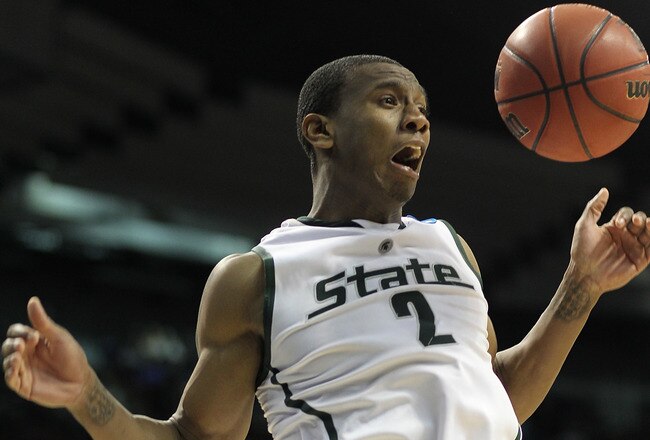 SPOKANE - MARCH 19:  Raymar Morgan #2 of the Michigan State Spartans reacts after dunking the ball against the New Mexico State Aggies during the first round of the 2010 NCAA men's basketball tournament at the Spokane Arena on March 19, 2010 in Spokane, Washington. Michigan State defeated New Mexico State 70-67.  (Photo by Otto Greule Jr/Getty Images)