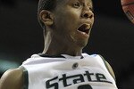 SPOKANE - MARCH 19:  Raymar Morgan #2 of the Michigan State Spartans reacts after dunking the ball against the New Mexico State Aggies during the first round of the 2010 NCAA men's basketball tournament at the Spokane Arena on March 19, 2010 in Spokane, Washington. Michigan State defeated New Mexico State 70-67.  (Photo by Otto Greule Jr/Getty Images)