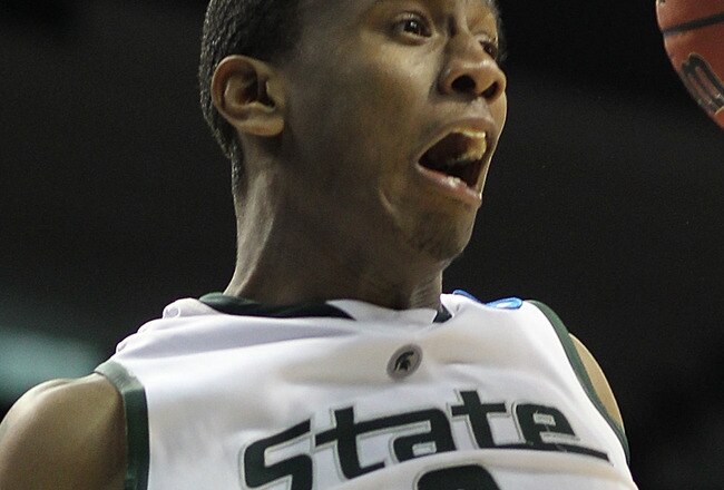 SPOKANE - MARCH 19:  Raymar Morgan #2 of the Michigan State Spartans reacts after dunking the ball against the New Mexico State Aggies during the first round of the 2010 NCAA men's basketball tournament at the Spokane Arena on March 19, 2010 in Spokane, Washington. Michigan State defeated New Mexico State 70-67.  (Photo by Otto Greule Jr/Getty Images)