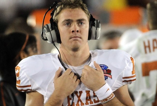 PASADENA, CA - JANUARY 07:  Quarterback Colt McCoy #12 of the Texas Longhorns looks on during the sideline in the fourth quarter against the Alabama Crimson Tide in the Citi BCS National Championship game at the Rose Bowl on January 7, 2010 in Pasadena, California.  McCoy left the game in the first quarter due to injury.  (Photo by Harry How/Getty Images)
