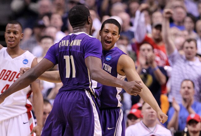 SAN JOSE, CA - MARCH 20:  Forward Matthew Bryan-Amaning #11 and Abdul Gaddy #10 of the Washington Huskies celebrates after a play against the New Mexico Lobos during the second round of the 2010 NCAA men's basketball tournament at HP Pavilion on March 20, 2010 in San Jose, California.  (Photo by Jed Jacobsohn/Getty Images)