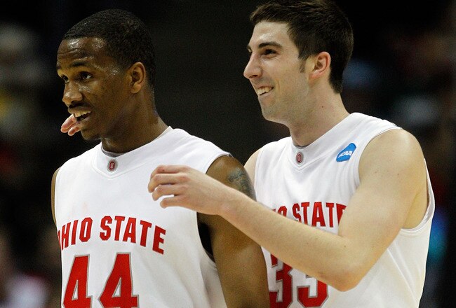MILWAUKEE - MARCH 21:  William Buford #44 and Jon Diebler #33 of the Ohio State Buckeyes react in the second half while taking on the Georgia Tech Yellow Jackets during the second round of the 2010 NCAA men's basketball tournament at the Bradley Center on March 21, 2010 in Milwaukee, Wisconsin.  (Photo by Jonathan Daniel/Getty Images)