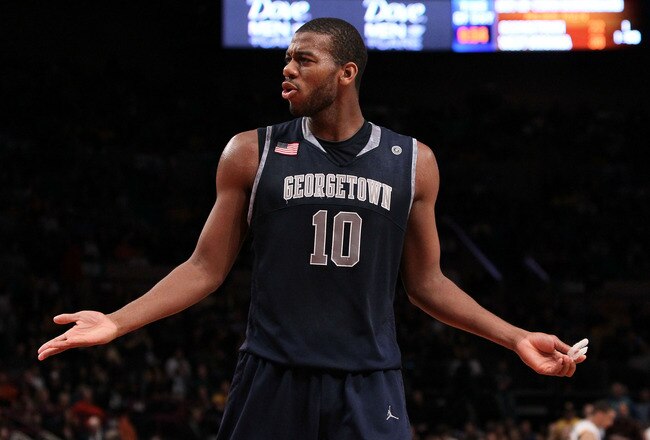 NEW YORK - MARCH 13: Greg Monroe #10 of the Georgetown Hoyas reacts after a play against the West Virginia Mountaineers during the championship of the 2010 NCAA Big East Tournament at Madison Square Garden on March 13, 2010 in New York City.  (Photo by Jim McIsaac/Getty Images)