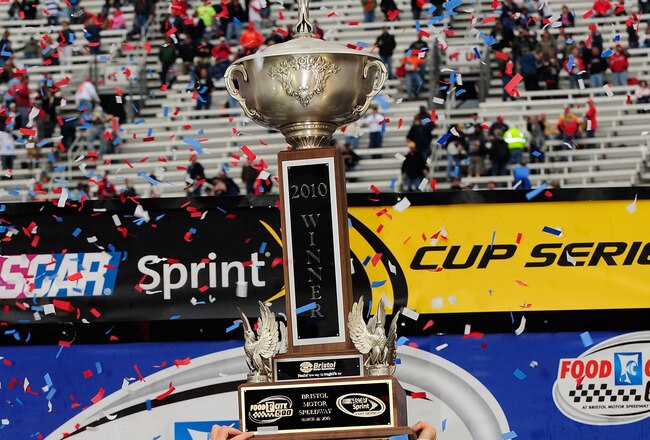 BRISTOL, TN - MARCH 21:  Jimmie Johnson, driver of the #48 Lowe's Chevrolet, celebrates in Victory Lane after winning the NASCAR Sprint Cup Series Food City 500 at Bristol Motor Speedway on March 21, 2010 in Bristol, Tennessee.  (Photo by Rusty Jarrett/Getty Images for NASCAR)