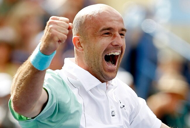 INDIAN WELLS, CA - MARCH 20:  Ivan Ljubicic of Croatia celebrates match point against Rafael Nadal of Spain during the semifinals of the BNP Paribas Open on March 20, 2010 at the Indian Wells Tennis Garden in Indian Wells, California.  (Photo by Matthew Stockman/Getty Images)