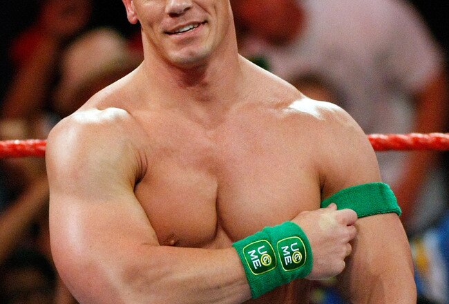 LAS VEGAS - AUGUST 24:  Wrestler John Cena appears in the ring during the WWE Monday Night Raw show at the Thomas & Mack Center August 24, 2009 in Las Vegas, Nevada.  (Photo by Ethan Miller/Getty Images)