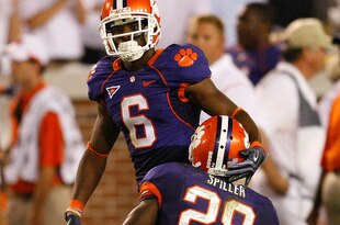 ATLANTA - SEPTEMBER 10:  Jacoby Ford #6 of the Clemson Tigers consoles C.J. Spiller #28 after Spiller failed to pull in a reception in the final minute of play against the Georgia Tech Yellow Jackets at Bobby Dodd Stadium on September 10, 2009 in Atlanta, Georgia.  (Photo by Kevin C. Cox/Getty Images)