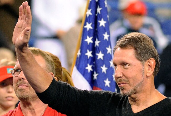 INDIAN WELLS, CA - MARCH 12:  Larry Ellison, CEO of Oracle, duirng Hit for Haiti, a charity event during the BNP Paribas Open on March 12, 2010 in Indian Wells, California. Ellison is the new owner of the tennis tournament.  (Photo by Kevork Djansezian/Getty Images)