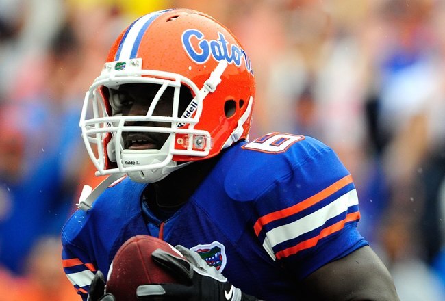 GAINESVILLE, FL - SEPTEMBER 12:  Deonte Thompson #6 of the Florida Gators makes a reception for a touchdown during the game against the Troy Trojans at Ben Hill Griffin Stadium on September 12, 2009 in Gainesville, Florida.  (Photo by Sam Greenwood/Getty Images)