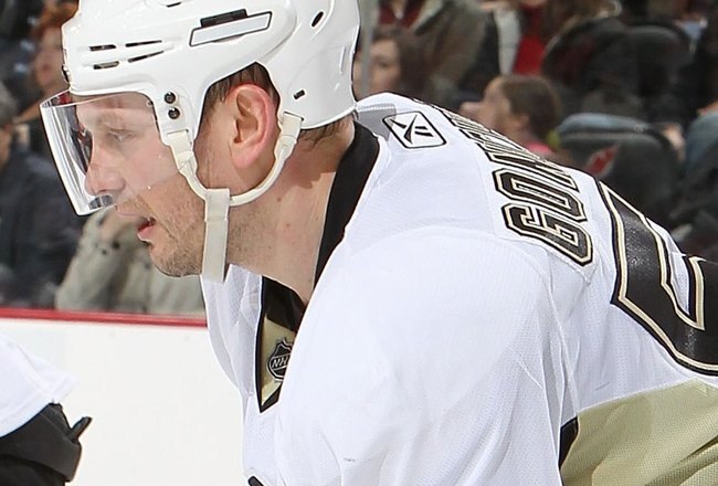 NEWARK, NJ - MARCH 12:  Sergei Gonchar #55 of the Pittsburgh Penguins in action against  the New Jersey Devils during their game on March 12, 2010 at The Prudential Center in Newark, New Jersey  (Photo by Al Bello/Getty Images)