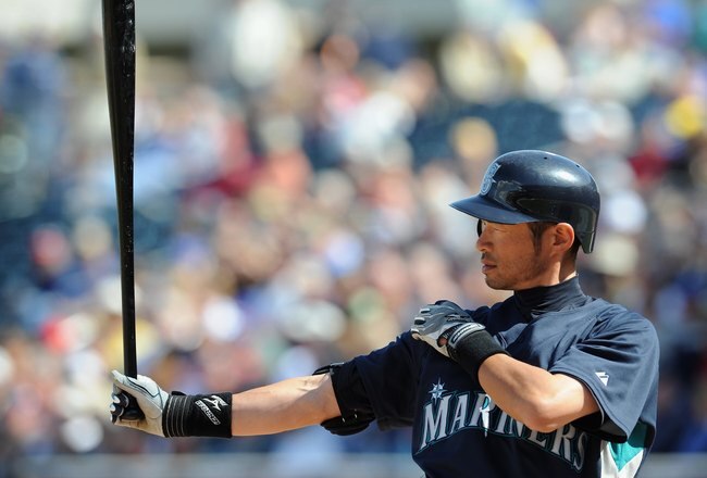 SURPRISE, AZ - MARCH 10:  Ichiro Suzuki #51 of the Seattle Mariners at bat during a Spring Training game against the Texas Rangers on March 10, 2010 at Surprise Stadium in Surprise, Arizona.  (Photo by Lisa Blumenfeld/Getty Images)
