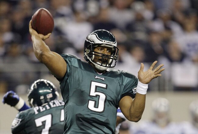 ARLINGTON, TX - JANUARY 9:  Quarterback Donovan McNabb #5 of the Philadelphia Eagles throws the ball in the second half against the Dallas Cowboys during the 2010 NFC wild-card playoff game at Cowboys Stadium on January 9, 2010 in Arlington, Texas. (Photo by Jamie Squire/Getty Images)