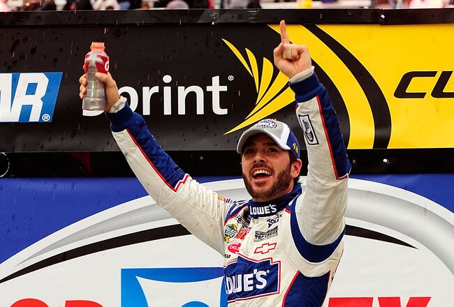 BRISTOL, TN - MARCH 21:  Jimmie Johnson, driver of the #48 Lowe's Chevrolet, celebrates in Victory Lane after winning the NASCAR Sprint Cup Series Food City 500 at Bristol Motor Speedway on March 21, 2010 in Bristol, Tennessee.  (Photo by Rusty Jarrett/Getty Images for NASCAR)