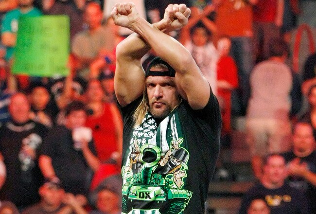 LAS VEGAS - AUGUST 24:  Wrestler Triple H gestures to the crowd during the WWE Monday Night Raw show at the Thomas & Mack Center August 24, 2009 in Las Vegas, Nevada.  (Photo by Ethan Miller/Getty Images)