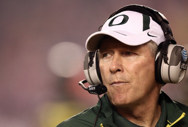 SAN DIEGO, CA - DECEMBER 30:  Head Coach Mike Bellotti of the University of Oregon Ducks looks on from the sidelines against the Oklahoma State University Cowboys during the Pacific Life Holiday Bowl at Qualcomm Stadium on December 30, 2008 in San Diego, California. (Photo by Donald Miralle/Getty Images)