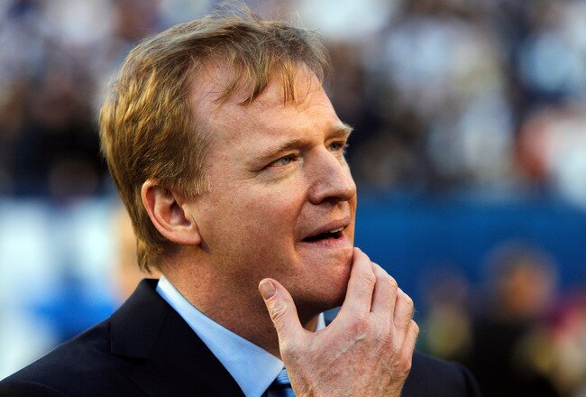 MIAMI GARDENS, FL - FEBRUARY 07:  NFL Commissioner Roger Goodell stands on the field prior to Super Bowl XLIV between the Indianapolis Colts and the New Orleans Saints on February 7, 2010 at Sun Life Stadium in Miami Gardens, Florida.  (Photo by Jonathan Daniel/Getty Images)