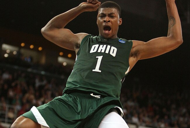 PROVIDENCE, RI - MARCH 18:  DeVaughn Washington #1 of the Ohio Bobcats celebrates his dunk in the second half against the Georgetown Hoyas during the first round of the 2010 NCAA men's basketball tournament on March 18, 2010 at the Dunkin Donuts Arena in Providence, Rhode Island. Ohio defeated Georgetown 97-83.  (Photo by Elsa/Getty Images)