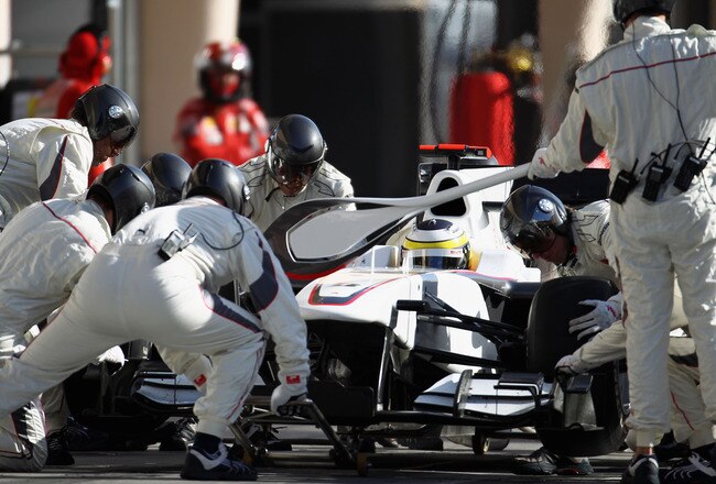 SAKIR, BAHRAIN - MARCH 14:  Pedro de la Rosa of Spain and BMW Sauber comes in for a pitstop during the Bahrain Formula One Grand Prix at the Bahrain International Circuit on March 14, 2010 in Sakir, Bahrain.  (Photo by Paul Gilham/Getty Images)