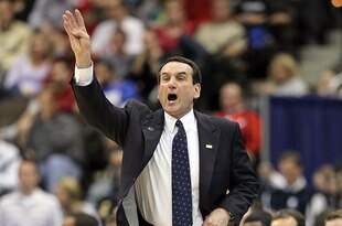 JACKSONVILLE, FL - MARCH 21:  Mike Krzyzewski head coach of the Duke Blue Devils yells out instructions to his team while facing the California Golden Bears during the second round of the 2010 NCAA men's basketball tournament at Jacksonville Veteran's Memorial Arena on March 21, 2010 in Jacksonville, Florida.  (Photo by Andy Lyons/Getty Images)