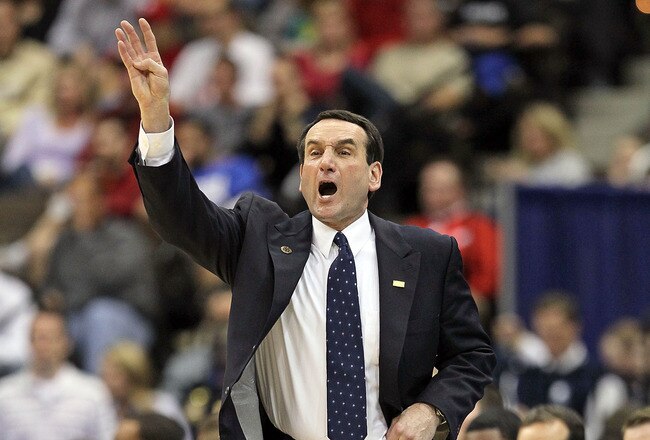 JACKSONVILLE, FL - MARCH 21:  Mike Krzyzewski head coach of the Duke Blue Devils yells out instructions to his team while facing the California Golden Bears during the second round of the 2010 NCAA men's basketball tournament at Jacksonville Veteran's Memorial Arena on March 21, 2010 in Jacksonville, Florida.  (Photo by Andy Lyons/Getty Images)
