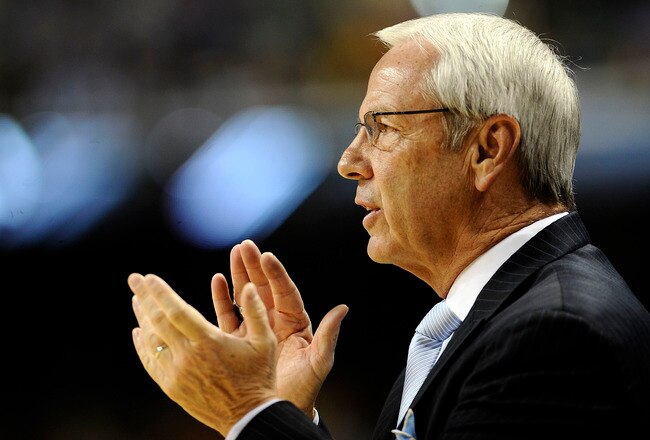 GREENSBORO, NC - MARCH 11:  Roy Williams, head coach of the University of the North Carolina Tarheels coaches in their first round game against the Georgia Tech Yellow Jackets in the 2010 ACC Men's Basketball Tournament at the Greensboro Coliseum on March 11, 2010 in Greensboro, North Carolina.  (Photo by Jeff Zelevansky/Getty Images)