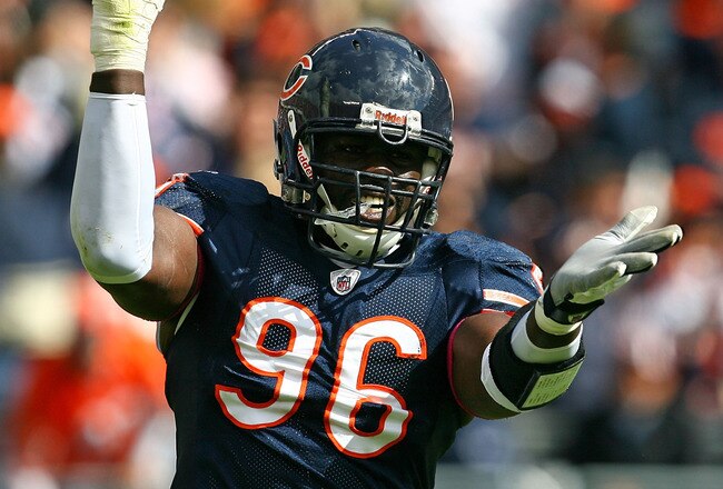 CHICAGO - OCTOBER 04:  Alex Brown #96 of the Chicago Bears celebrates a sack against the Detroit Lions on October 4, 2009 at Soldier Field in Chicago, Illinois. The Bears defeated the Lions 48-24. (Photo by Jonathan Daniel/Getty Images)
