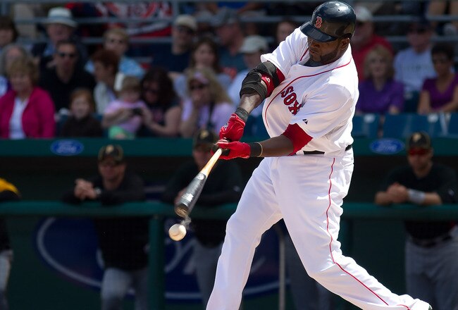 FORT MYERS, FL - MARCH 13:  Designated hitter David Ortiz #34 of the Boston Red Sox fouls off a pitch against the Pittsburgh Pirates during a Grapefruit League Spring Training Game at City of Palms Park on March 13, 2010 in Fort Myers, Florida.  (Photo by J. Meric/Getty Images)