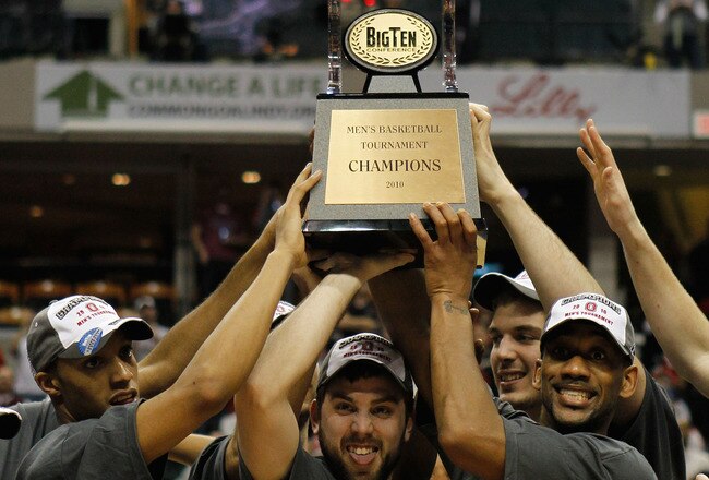 INDIANAPOLIS - MARCH 14:  Guard Evan Turner #21, Mark Titus #34 and David Lighty #23 of the Ohio State Buckeyes lift the Big Ten tournament championship trophy after winning the Big Ten Men's Basketball Tournament 90-61 over the Minnesota Golden Gophers at Conseco Fieldhouse on March 14, 2010 in Indianapolis, Indiana.  (Photo by Jonathan Daniel/Getty Images)