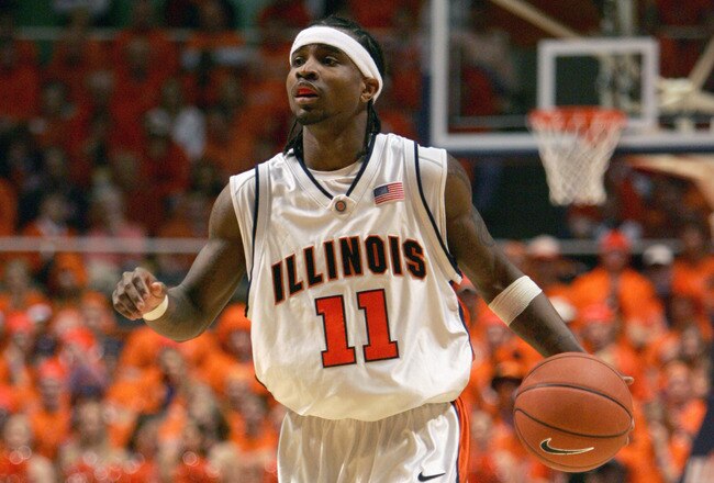 CHAMPAIGN, IL - FEBRUARY 19: Dee Brown #11 of the Illinois Fighting Illini drives down court during the game against the Indiana Hoosiers on February 19, 2006 at the Assembly Hall at the University of Illinois in Champaign, Illinois. Illinois defeated Indiana 70-58. (Photo by Jonathan Daniel/Getty Images)