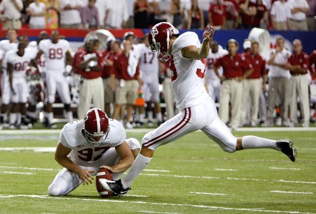 ATLANTA - SEPTEMBER 05:  Kicker Leigh Tiffin #99 of the Alabama Crimson Tide against the Virginia Tech Hokies during the Chick-fil-A Kickoff Game at Georgia Dome on September 5, 2009 in Atlanta, Georgia.  (Photo by Kevin C. Cox/Getty Images)