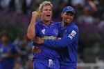 CAPE TOWN, SOUTH AFRICA - APRIL 18:  Shane Warne of Rajasthan celebrates taking the wicket of Balachandra Akhil of Bangalore during the IPL T20 match between Rajasthan Royals and Royal Challengers Bangalore at Newlands Cricket Ground on April 18, 2009 in Cape Town, South Africa.  (Photo by Tom Shaw/Getty Images)