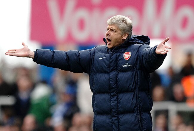 BIRMINGHAM, ENGLAND - MARCH 27:  Arsene Wenger of Arsenal makes his feelings known from the touchline during the Barclays Premier League match between Birmingham City and Arsenal at St. Andrews Stadium on March 27, 2010 in Birmingham, England.  (Photo by Laurence Griffiths/Getty Images)