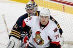 BUFFALO, NY - MARCH 26: Nick Foligno #71 of the Ottawa Senators moves in to screen Ryan Miller #30 of the Buffalo Sabres  at HSBC Arena on March 26, 2010 in Buffalo, New York. Ottawa won 4-2. (Photo by Rick Stewart/Getty Images)