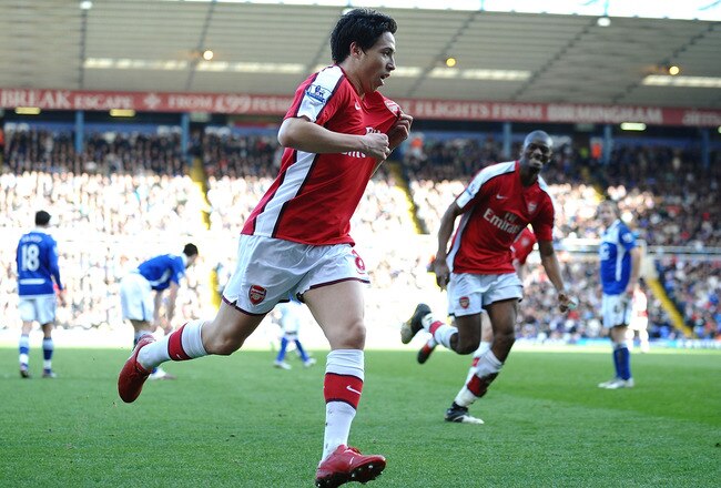 BIRMINGHAM, ENGLAND - MARCH 27:  Samir Nasri of Arsenal celebrates scoring during the Barclays Premier League match between Birmingham City and Arsenal at St. Andrews Stadium on March 27, 2010 in Birmingham, England.  (Photo by Laurence Griffiths/Getty Images)