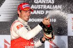 MELBOURNE, AUSTRALIA - MARCH 28:  Jenson Button of Great Britain and McLaren Mercedes celebrates winning the Australian Formula One Grand Prix at the Albert Park Circuit on March 28, 2010 in Melbourne, Australia.  (Photo by Mark Thompson/Getty Images)