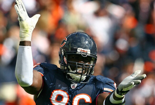 CHICAGO - OCTOBER 04:  Alex Brown #96 of the Chicago Bears celebrates a sack against the Detroit Lions on October 4, 2009 at Soldier Field in Chicago, Illinois. The Bears defeated the Lions 48-24. (Photo by Jonathan Daniel/Getty Images)
