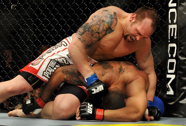 NEWARK, NJ - MARCH 27:  UFC fighter Shane Carwin (top) battles against Frank Mir during their 'Interim' Heavyweight title bout at UFC 111 at the Prudential Center on March 27, 2010 in Newark, New Jersey. Carwin won by Technical Knock Out (Strikes) at 3:48 in the 1st round.  (Photo by Jon Kopaloff/Getty Images)