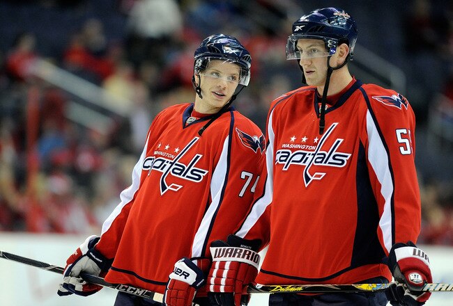 WASHINGTON - MARCH 28:  John Carlson #74 and Jeff Schultz #55 of the Washington Capitals warm up before the game against the Calgary Flames on March 28, 2010 in Washington, DC.  (Photo by Greg Fiume/Getty Images)