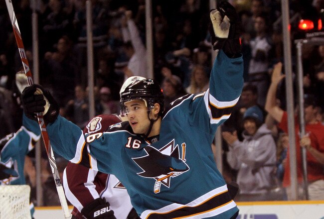 SAN JOSE, CA - MARCH 28:  Devin Setoguchi #16 of the San Jose Sharks celebrates after he scored a goal against the Colorado Avalanche at HP Pavilion on March 28, 2010 in San Jose, California.  (Photo by Ezra Shaw/Getty Images)