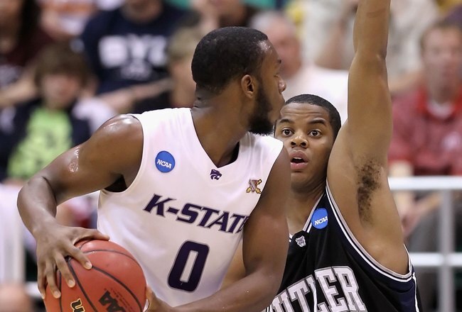 SALT LAKE CITY - MARCH 27:  Ronald Nored #5 of the Butler Bulldogs defends against Jacob Pullen #0 of the Kansas State Wildcats during the west regional final of the 2010 NCAA men's basketball tournament at the Energy Solutions Arena on March 27, 2010 in Salt Lake City, Utah.  The Bulldogs defeated the Wildcats 63-56. (Photo by Christian Petersen/Getty Images)