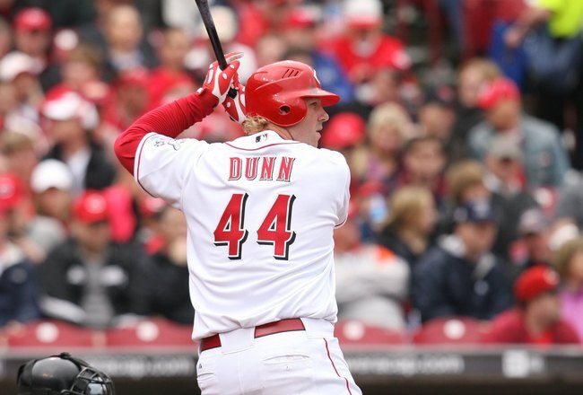 CINCINNATI - MARCH 31:  Adam Dunn #44 of the Cincinnati Reds bats against the Arizona Diamondbacks during the game on March 31, 2008 at Great American Ball Park in Cincinnati, Ohio.  (Photo by Andy Lyons/Getty Images)