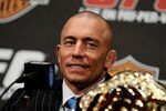 NEW YORK - MARCH 24:  Georges St-Pierre of Montreal, Quebec, Canada speaks at a press conference for UFC 111 at Radio City Music Hall on March 24, 2010 in New York City.  St-Pierre will face Dan Hardy of Nottingham UK in the Welterweight title bout. (Photo by Jeff Zelevansky/Getty Images)