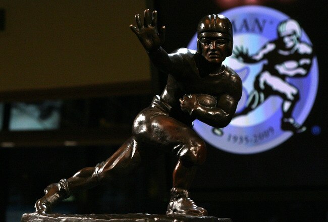 NEW YORK - DECEMBER 12:  The Heisman trophy awarded to Running back Mark Ingram #22 of the Alabama Crimson Tide at a press conference after  he was named the 75th Heisman Trophy winner at the Marriott Marquis on December 12, 2009 in New York City.  (Photo by Chris Trotman/Getty Images)