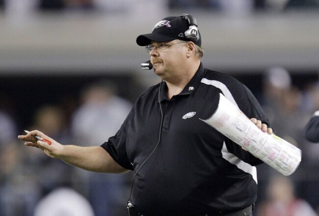 ARLINGTON, TX - JANUARY 9:  Head coach Andy Reid of the Philadelphia Eagles calls out from the sideline in the first half against the Dallas Cowboys during the 2010 NFC wild-card playoff game at Cowboys Stadium on January 9, 2010 in Arlington, Texas. (Photo by Jamie Squire/Getty Images)