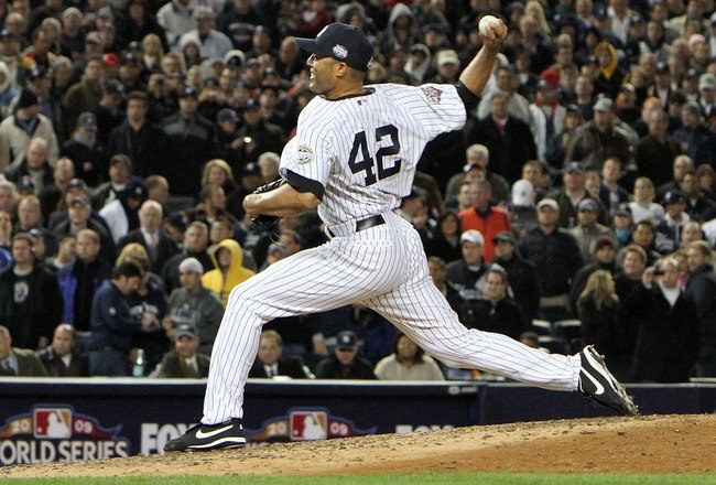NEW YORK - NOVEMBER 04:  Mariano Rivera #42 of the New York Yankees throws a pitch against the Philadelphia Phillies in Game Six of the 2009 MLB World Series at Yankee Stadium on November 4, 2009 in the Bronx borough of New York City. The Yankees won 7-3 to win the series 4 games to 2.  (Photo by Jed Jacobsohn/Getty Images)