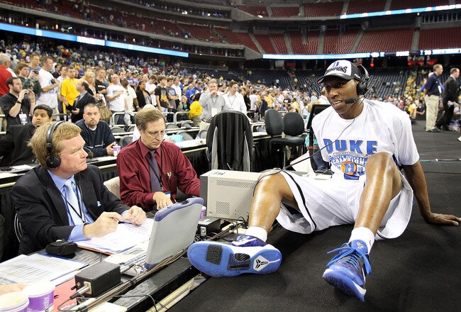 HOUSTON - MARCH 28:  Guard Nolan Smith #2 of the Duke Blue Devils does a radio interview after a win against the Baylor Bears during the south regional final of the 2010 NCAA men's basketball tournament at Reliant Stadium on March 28, 2010 in Houston, Texas.  (Photo by Ronald Martinez/Getty Images)