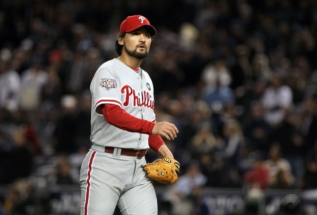 NEW YORK - NOVEMBER 04:  Chan Ho Park #61 of the Philadelphia Phillies walks back to the dugout against the New York Yankees in Game Six of the 2009 MLB World Series at Yankee Stadium on November 4, 2009 in the Bronx borough of New York City. The Yankees won 7-3 to win the series 4 games to 2. (Photo by Nick Laham/Getty Images)